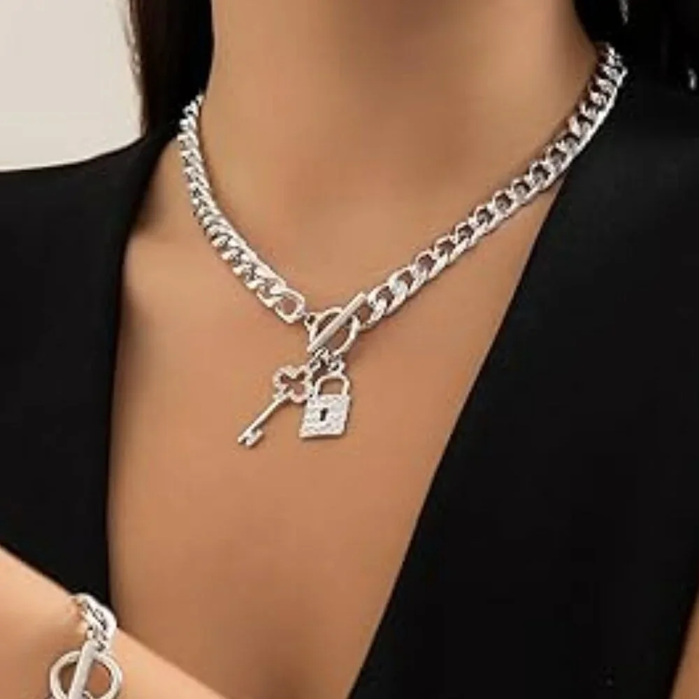 Cuban Link Necklace Bracelet Set‎ Dainty Rhinestone Lock Key Chain Choker Toggle